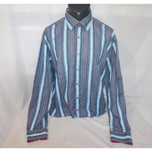 Luchiano Visconti Black Mens 2XL Blue Striped Button Up LS Shirt Flip Cuff